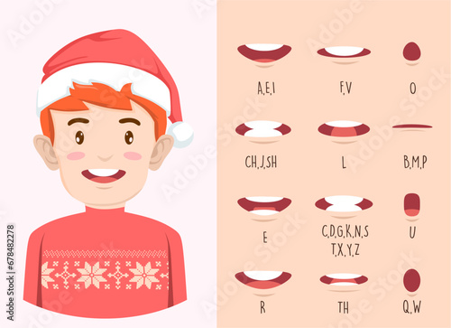 young man character in Christmas clothes with Lip sync collection for animation.