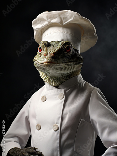 An Anthropomorphic Lizard Dressed Up like a Chef Wearing an Apron