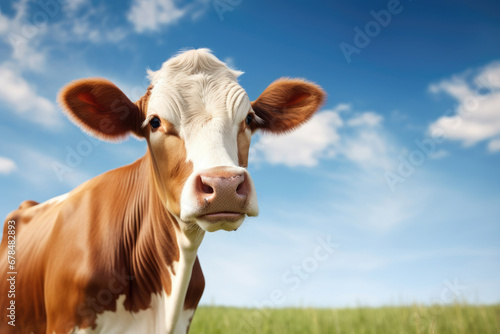 Close-up of a brown cow in the green meadow on summer  copy space