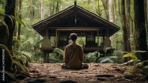 禅の森: 仏教徒が森で瞑想する優雅なイラスト, AI Generative photo