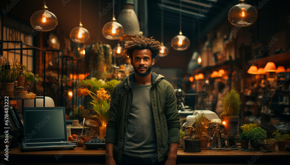 Fototapeta premium A confident young businessman working at a coffee shop generated by AI