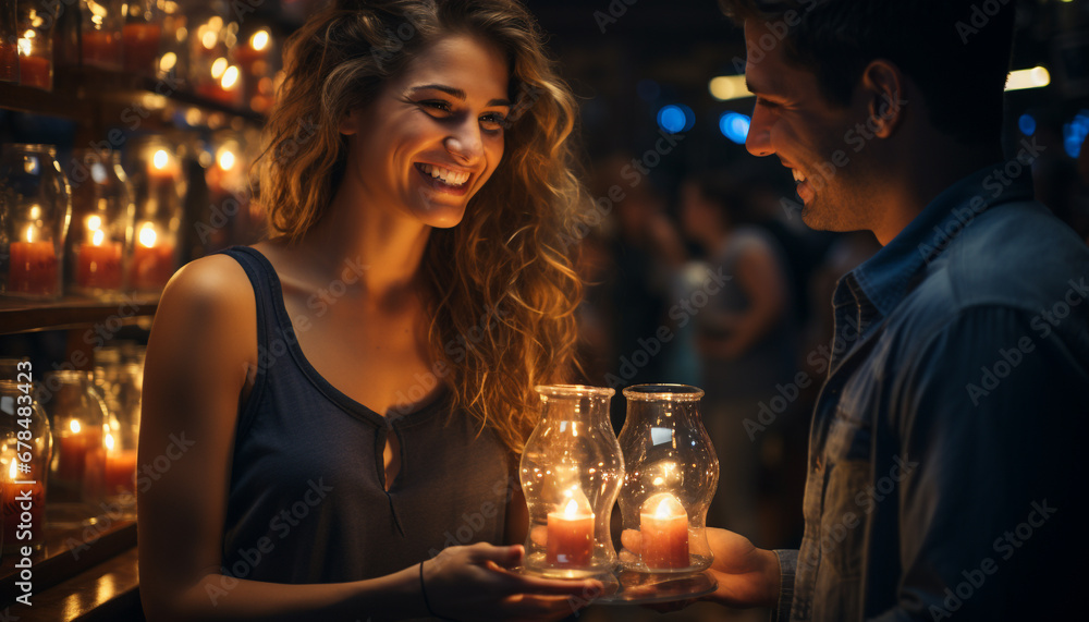 Young adults enjoying a romantic candlelit date night at a bar generated by AI