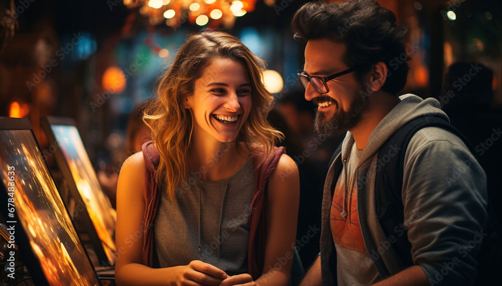 Young couple enjoying nightlife, sitting outdoors, smiling and embracing generated by AI