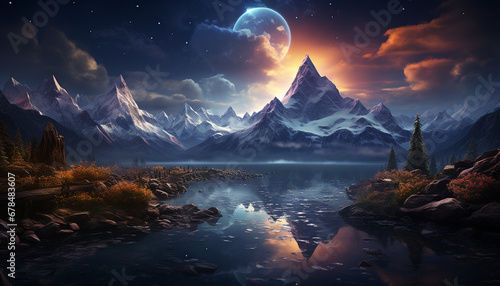 Majestic mountain peak reflects tranquil moonlight in dark night generated by AI
