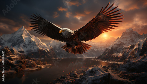 Bald eagle soars majestically over snowy mountain peaks at dawn generated by AI