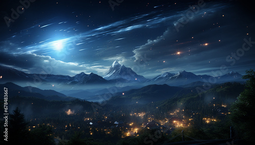 Majestic mountain peak illuminated by moonlight in dark night generated by AI