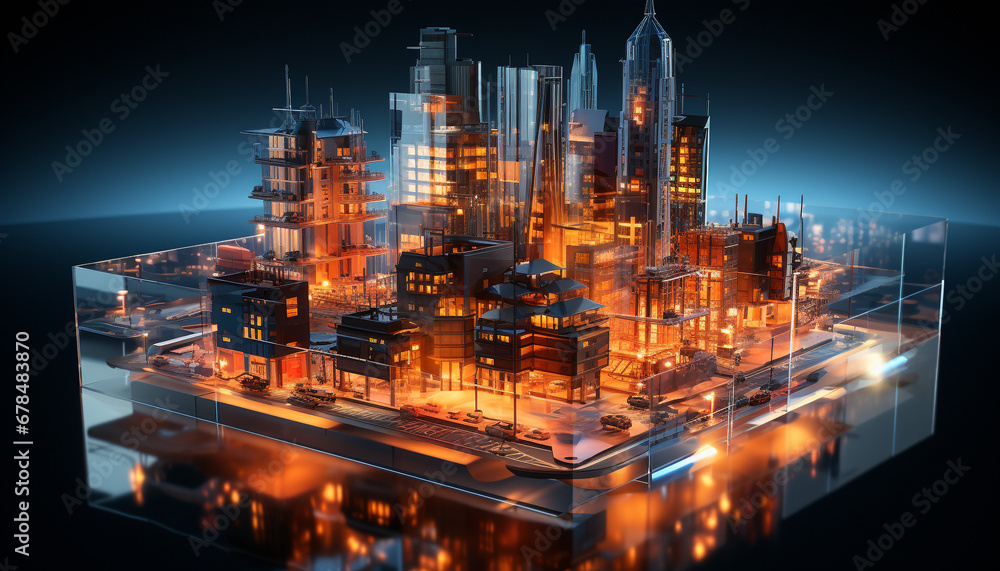 Futuristic city skyline glows blue, reflecting modern technology generated by AI Futuristic city skyline glows blue, reflecting modern technology generated by AI