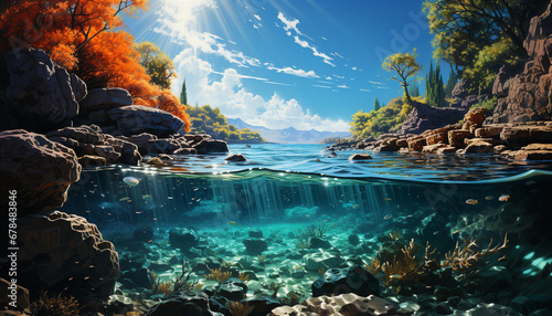 Underwater landscape blue water, fish, coral, tropical climate, scuba diving generated by AI