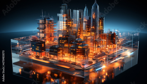 Futuristic city skyline glows blue, reflecting modern technology generated by AI
