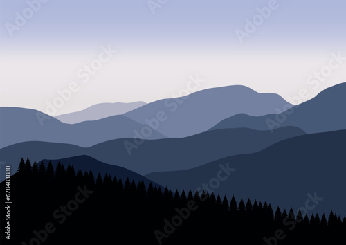 Mountain landscape and pine forest. Vector illustration in flat style.