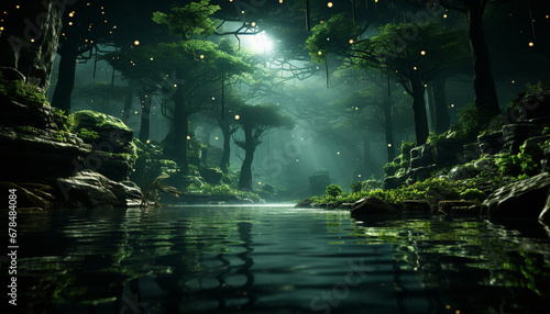 Tranquil scene mysterious night, dark fog, spooky tropical rainforest generated by AI © Stockgiu