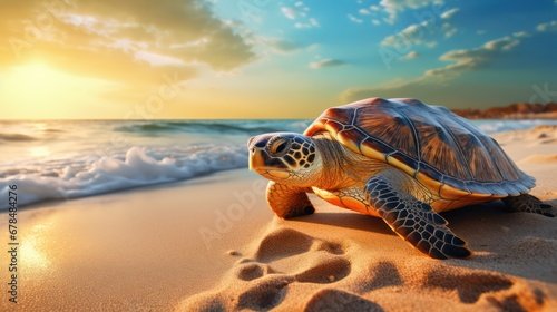Photo of a turtle on the beach. The turtle is walking on the sandy shore in the morning or afternoon, with a beautiful beach background.