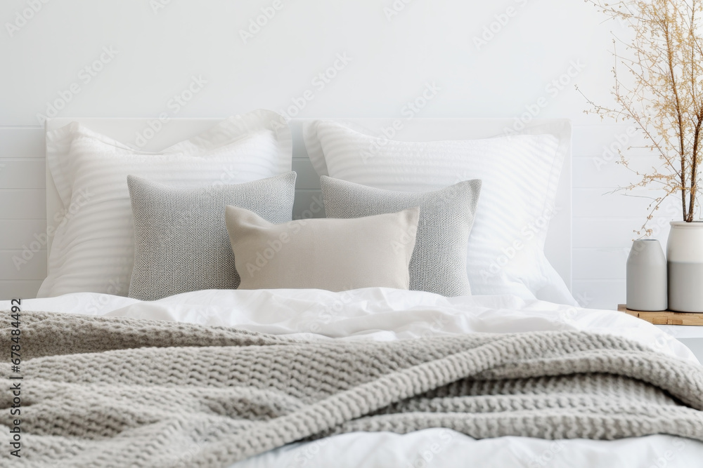 Close up of pillows and bed in background of cosy modern bedroom. The mockup concept of sleek and minimalist. - obrazy, fototapety, plakaty 