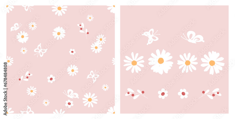 Seamless pattern with daisy flower and butterfly cartoon on pink background. Daisy flower icon set. 