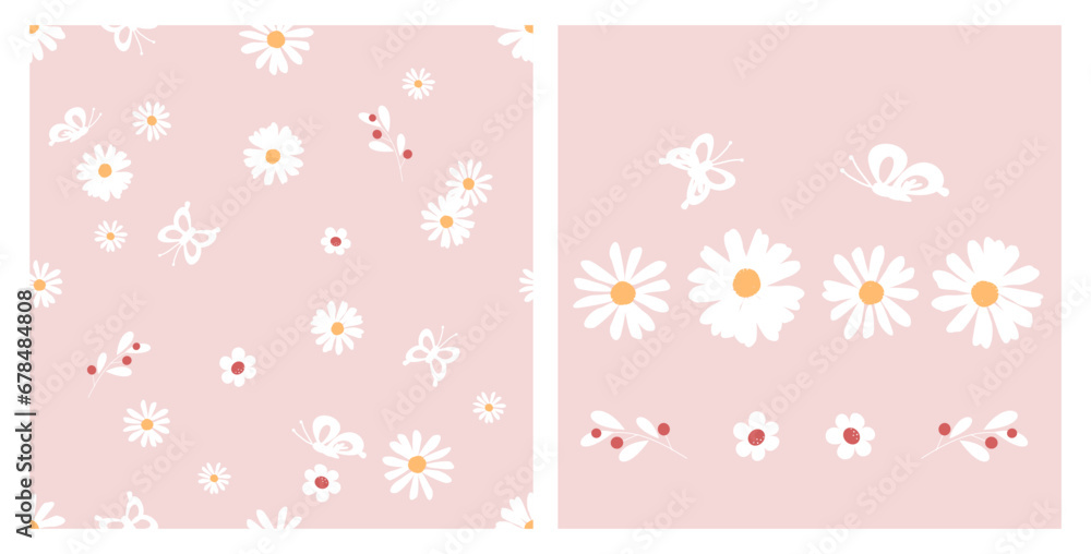 Seamless pattern with daisy flower and butterfly cartoon on pink background. Daisy flower icon set. Seamless pattern with daisy flower and butterfly cartoon on pink background. Daisy flower icon set.