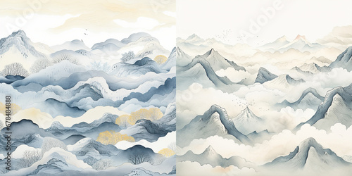 Watercolor hand drawn winter landscape with mountains