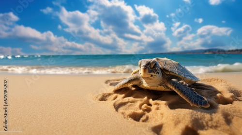 A mesmerizing scene of a turtle gracefully moving across the sandy shore during the morning or afternoon, with the backdrop of a picturesque beach.