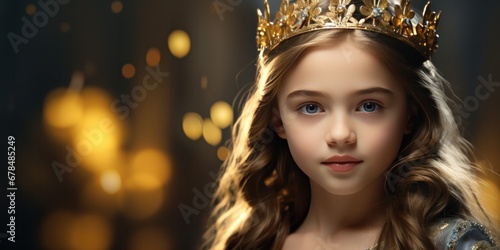 a beautiful young girl in a golden dress with a crown posing, generative AI