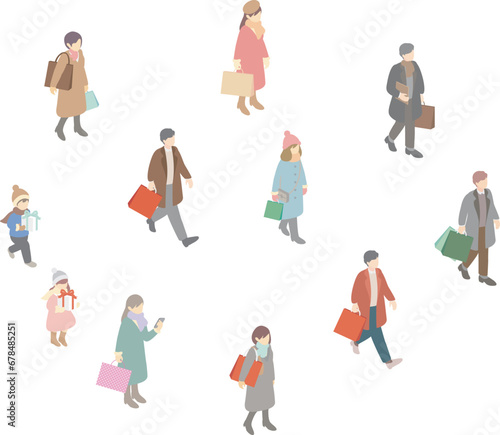 アイソメトリック　秋冬　人物　街並み　男性　女性　子供　お買物　お出かけ　ショッピング　イラスト素材