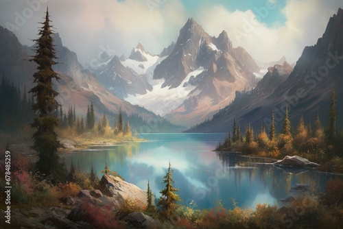 painting showing serene lake and majestic mountains. Generative AI © Zosia