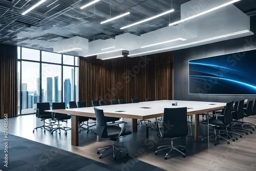 Modern Empty Meeting Room with Big Conference Table 
