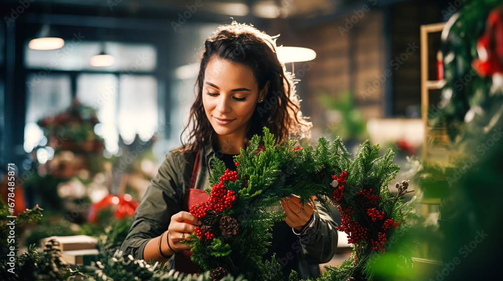 Cute young woman florist makes and decorates a Christmas wreath from fir branches with red berries and holly branches.