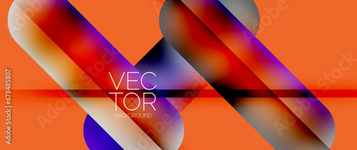 Dynamic bright colorful geometric elements with fluid gradients, lights, shadows blend in a minimal backdrop, creating captivating composition