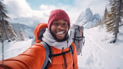 Traveler influencer taking selfie during travel in winter season backpack on alps mountain comeliness