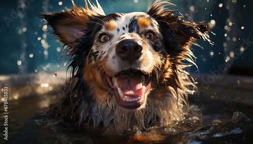 Cute wet puppy playing in the water, purebred dog generated by AI © Stockgiu