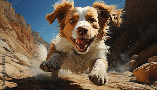 Cute puppy playing outdoors, jumping in nature, loyal and fun generated by AI