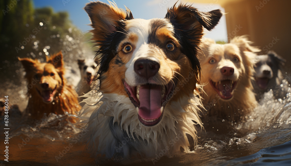 Cute puppy playing in water, purebred dog joy generated by AI
