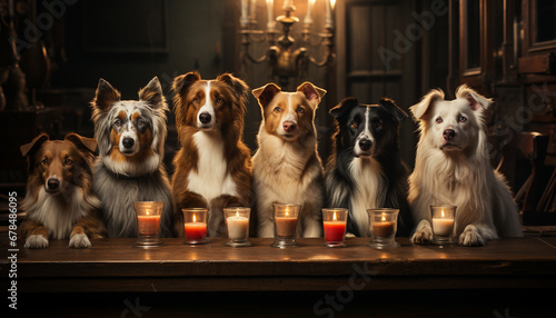 Cute puppy sitting on table, looking at candle flame generated by AI