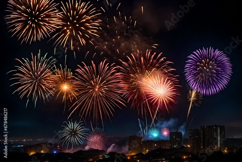 Bright multi-colored fireworks on a festive night. Beautiful color flashes in the dark sky