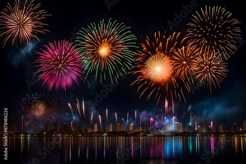 Bright multi-colored fireworks on a festive night. Beautiful color flashes in the dark sky