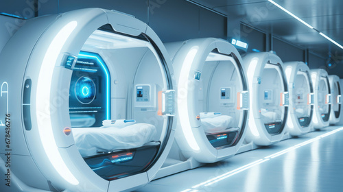 Futuristic healthcare pods offering instant diagnostics
