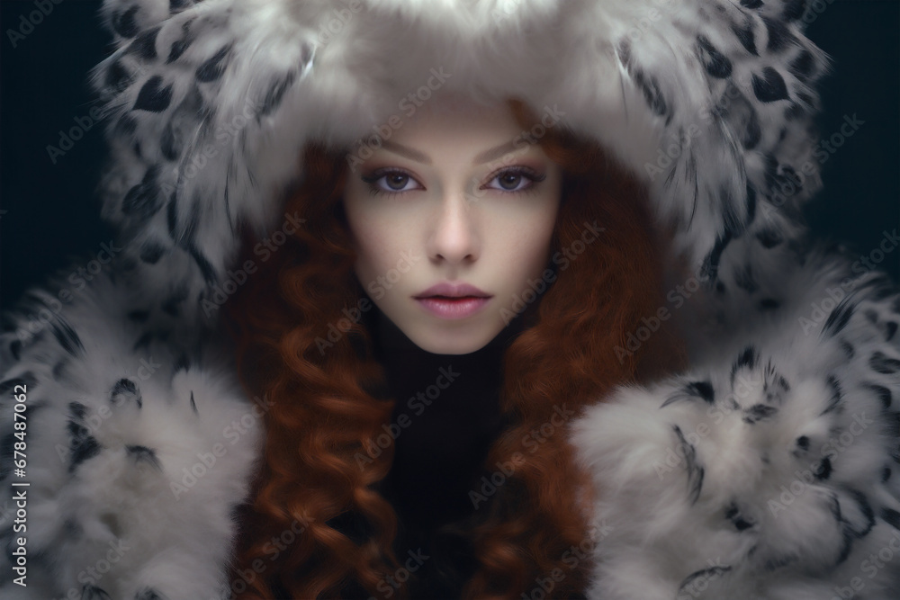 Portrait of a beautiful female model wearing a white fur hat and fur coat. Auburn hair. Pale skin. High fashion. Winter clothing attire. Portrait of a beautiful female model wearing a white fur hat and fur coat. Auburn hair. Pale skin. High fashion. Winter clothing attire.