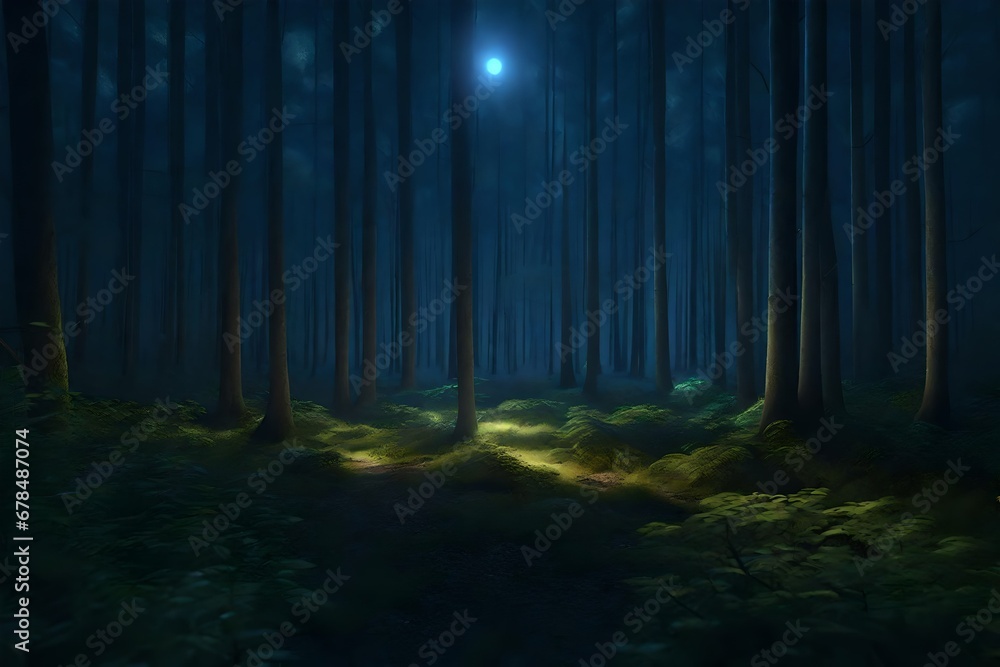 forest image illuminated at night by bioluminescence.