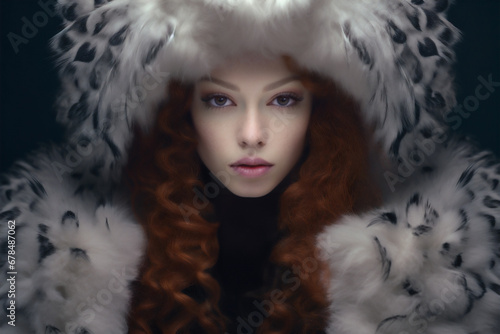 Portrait of a beautiful female model wearing a white fur hat and fur coat. Auburn hair. Pale skin. High fashion. Winter clothing attire.