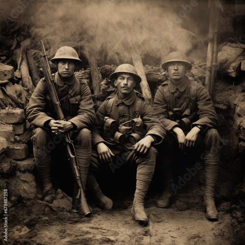 World War I soldiers in a trench, AI photo