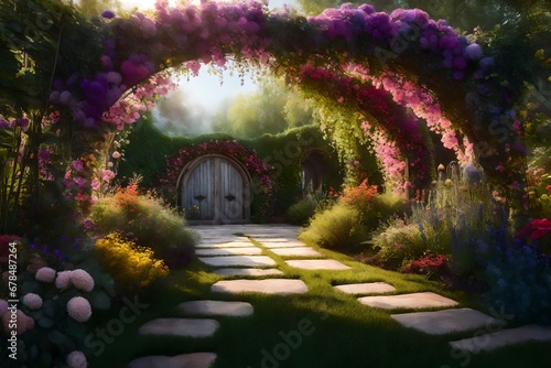 A beautiful secret fairytale garden with flower arches and colorful greenery. Digital Painting Background, Illustration.
