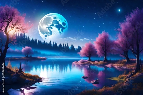 Fantasy landscape with a lake, trees, clouds and full moon. Moonlight. Starry sky. Fairytale Night scene. Magic forest. Illustration in bright colors. Another reality. © Amazing-World