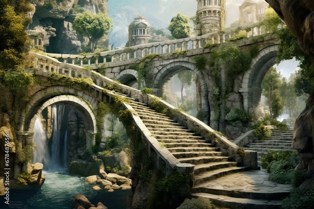 A panoramic scene featuring a massive stone staircase and a curved bridge made of stone. Generative AI