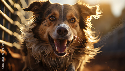 Cute puppy playing in water, looking at camera with joy generated by AI © Stockgiu