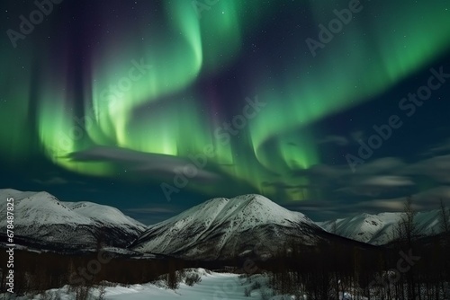 Arctic sky with stunning northern lights over mountainous panorama. Artistic print. Generative AI