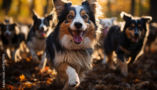 Cute puppy running outdoors  playing with friends in nature generated by AI