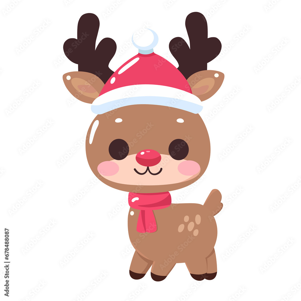reindeer with Santa hat. Cute Christmas Reindeer Cartoon with transparent background.