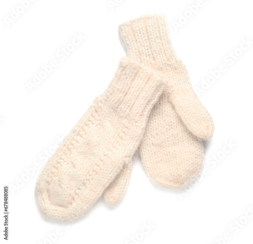 Pair of knitted warm mittens on white background