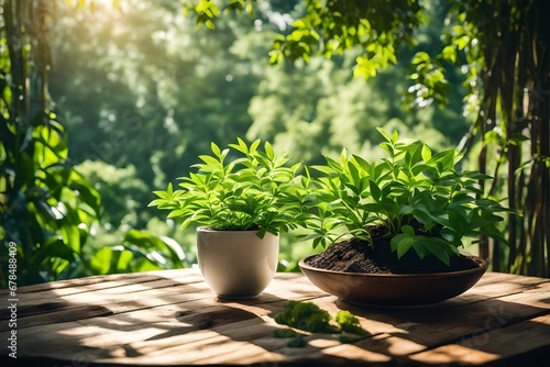 plant in on wooden table with nature background.