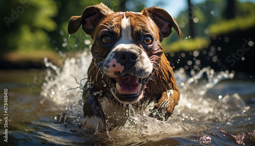 Cute puppy playing in water, wet and joyful outdoors generated by AI © Stockgiu