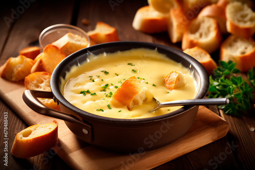 Swiss culinary delight: Cheese fondue with bread on long forks. Festive, ideal for New Year. Bright image. 